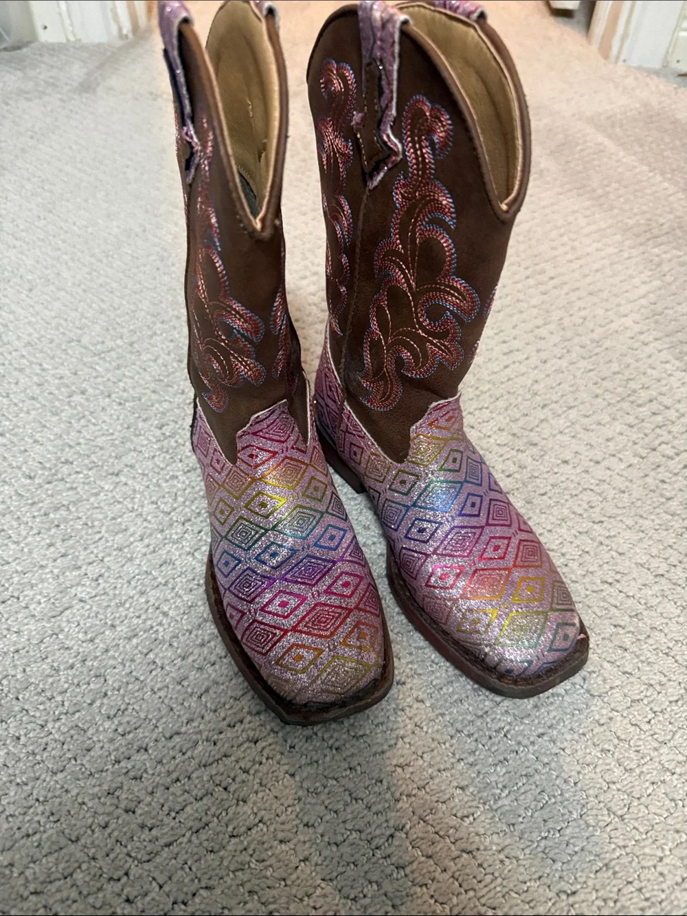 Roper Kids Brown Shaft Rainbow Diamond-Print Cowboy Boots